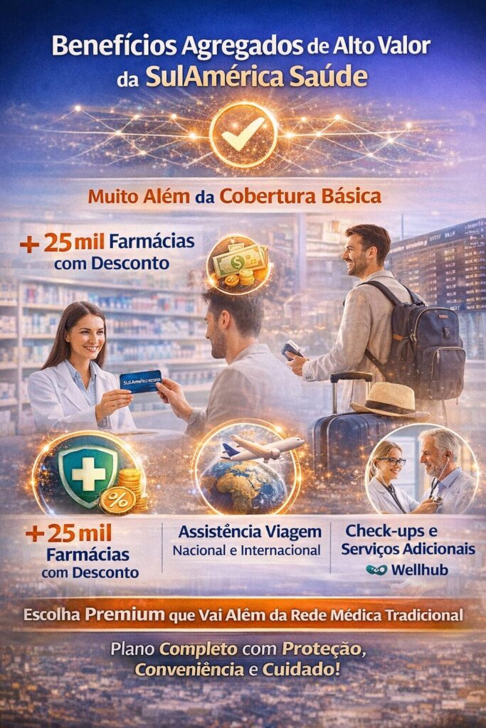 benefícios sulamérica saúde com desconto em farmácias assistência viagem nacional internacional e check up completo plano de saúde com vantagens extras