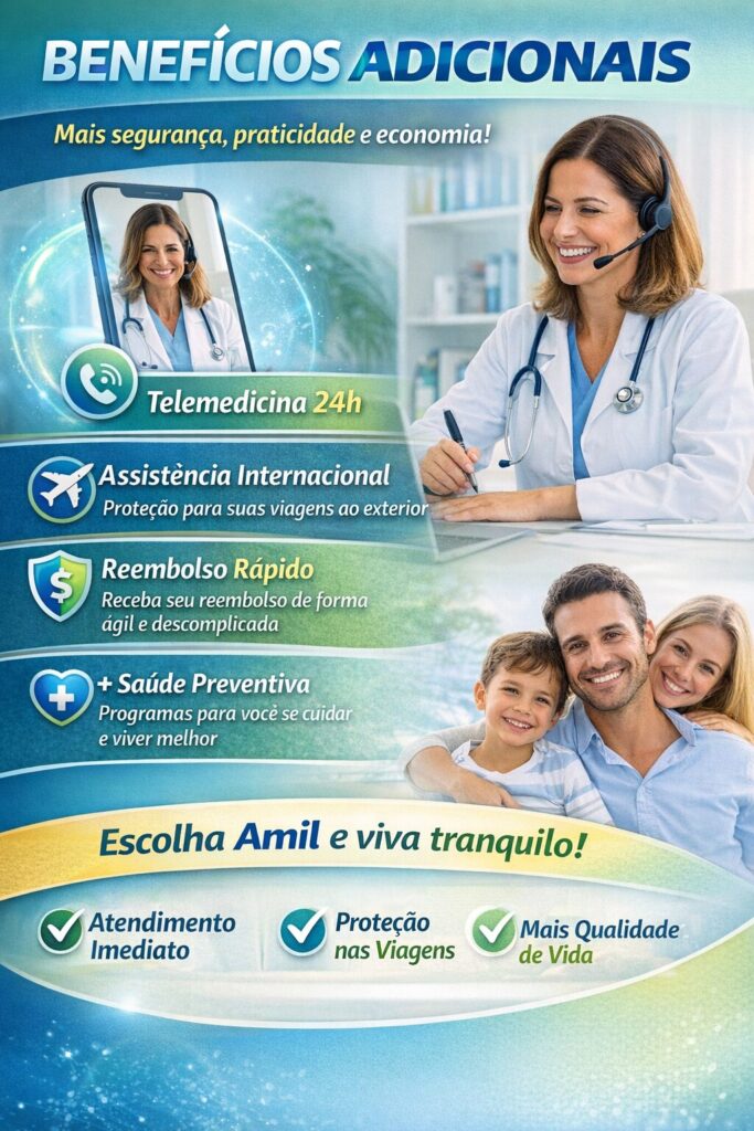 Benefícios do plano de saúde Amil com telemedicina 24h, assistência internacional, reembolso rápido e atendimento moderno