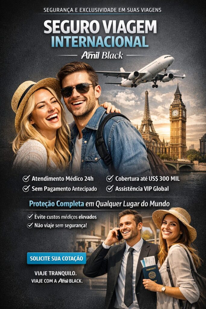 casal feliz em viagem internacional com seguro viagem Amil Black cobertura global assistência médica 24h no exterior